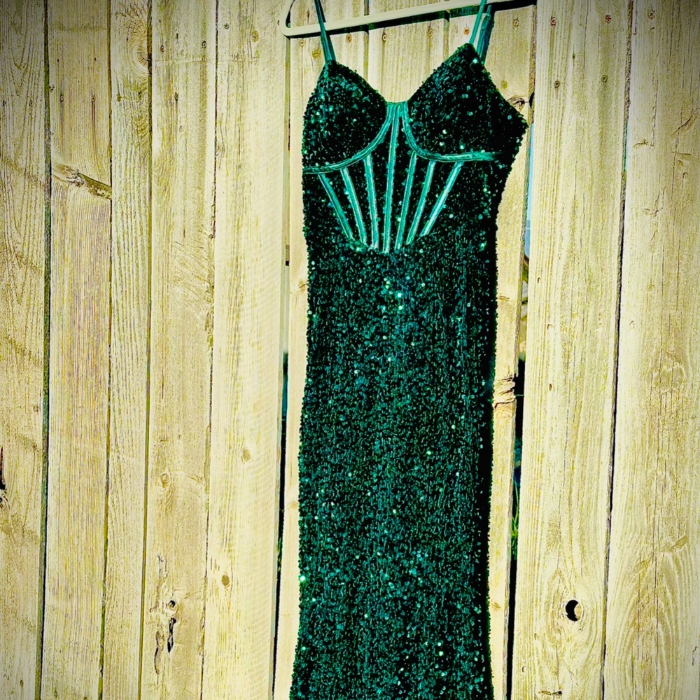Sequin dark green prom dresss
